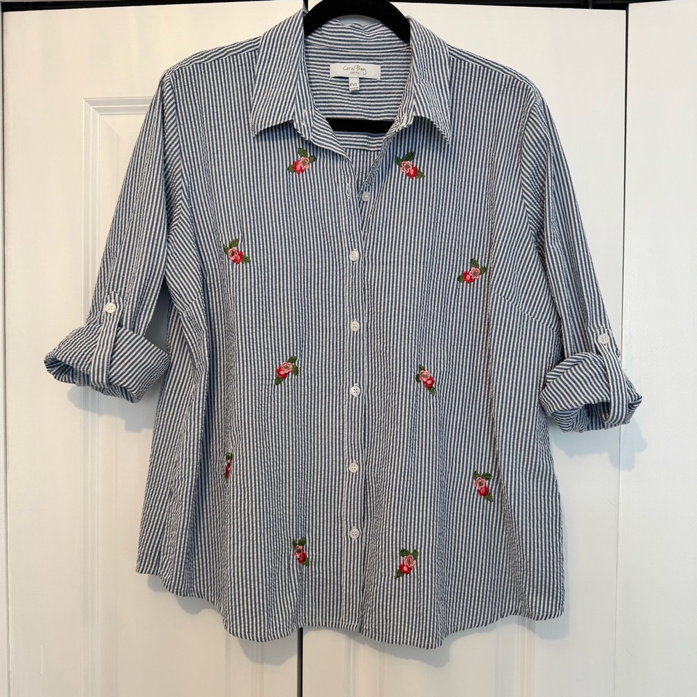 Seersucker Blue and White Embroidered Button Down